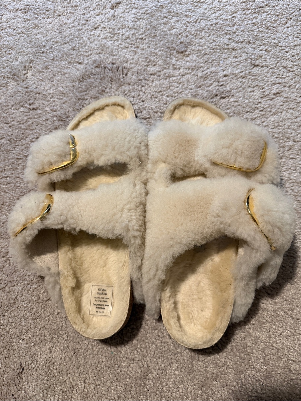 NEW Birkenstock Shearling Double-Band Slide Sandals - Cream
